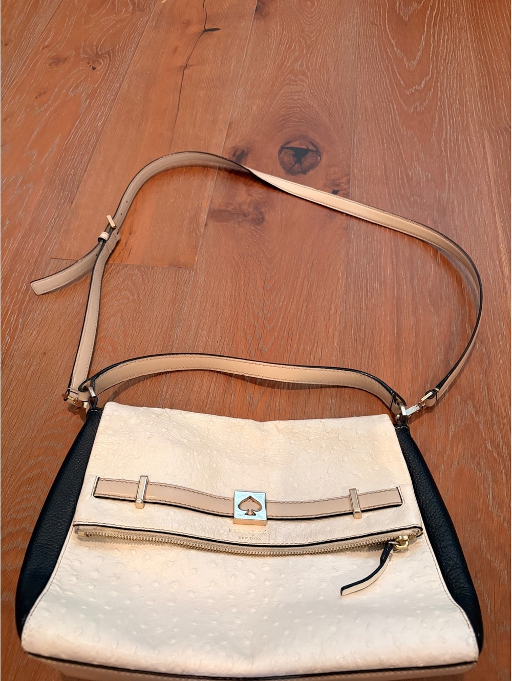 Kate Spade Cream Black Ostrich-Embossed Crossbody Bag